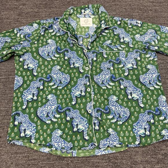 Anthropologie Print Fresh Pajamas Women 1X Blue Tiger Queen Pants Long Sleeve - Picture 15 of 16
